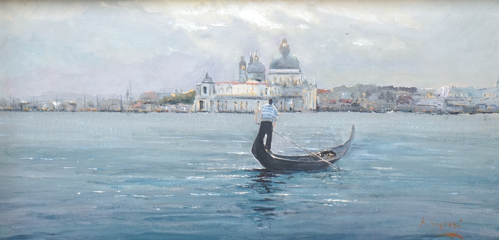 A. Sipessi ?, Contemporary oil on canvas, Venetian scene with gondola, signed, 29 x 59cm